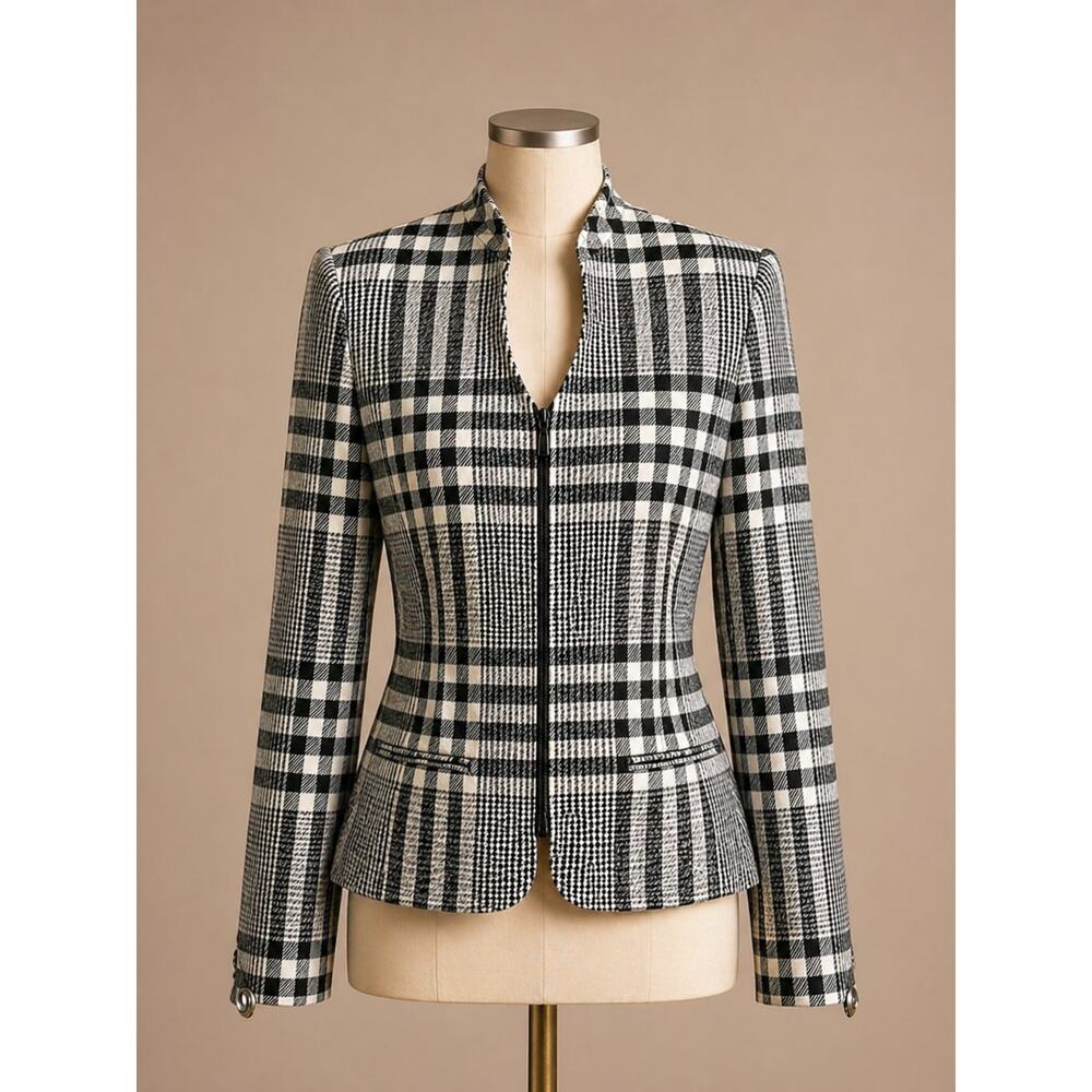 Vintage Dior Silk Black and White Plaid Zip front Blazer Size 2